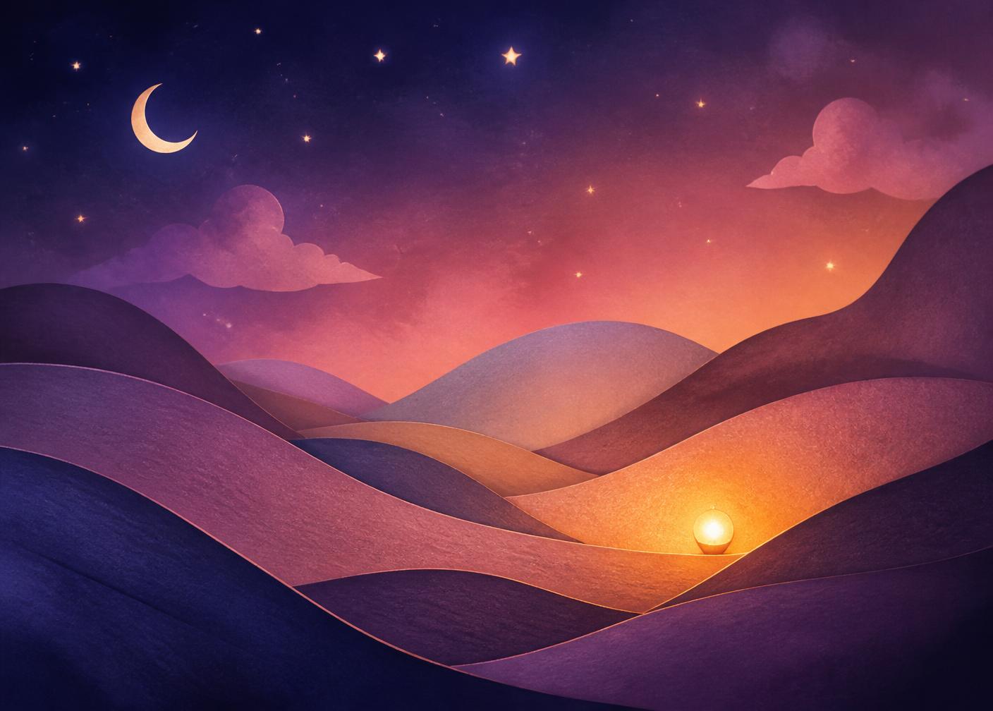 Soft illustrated night landscape with a single warm light, representing Booshy Tales