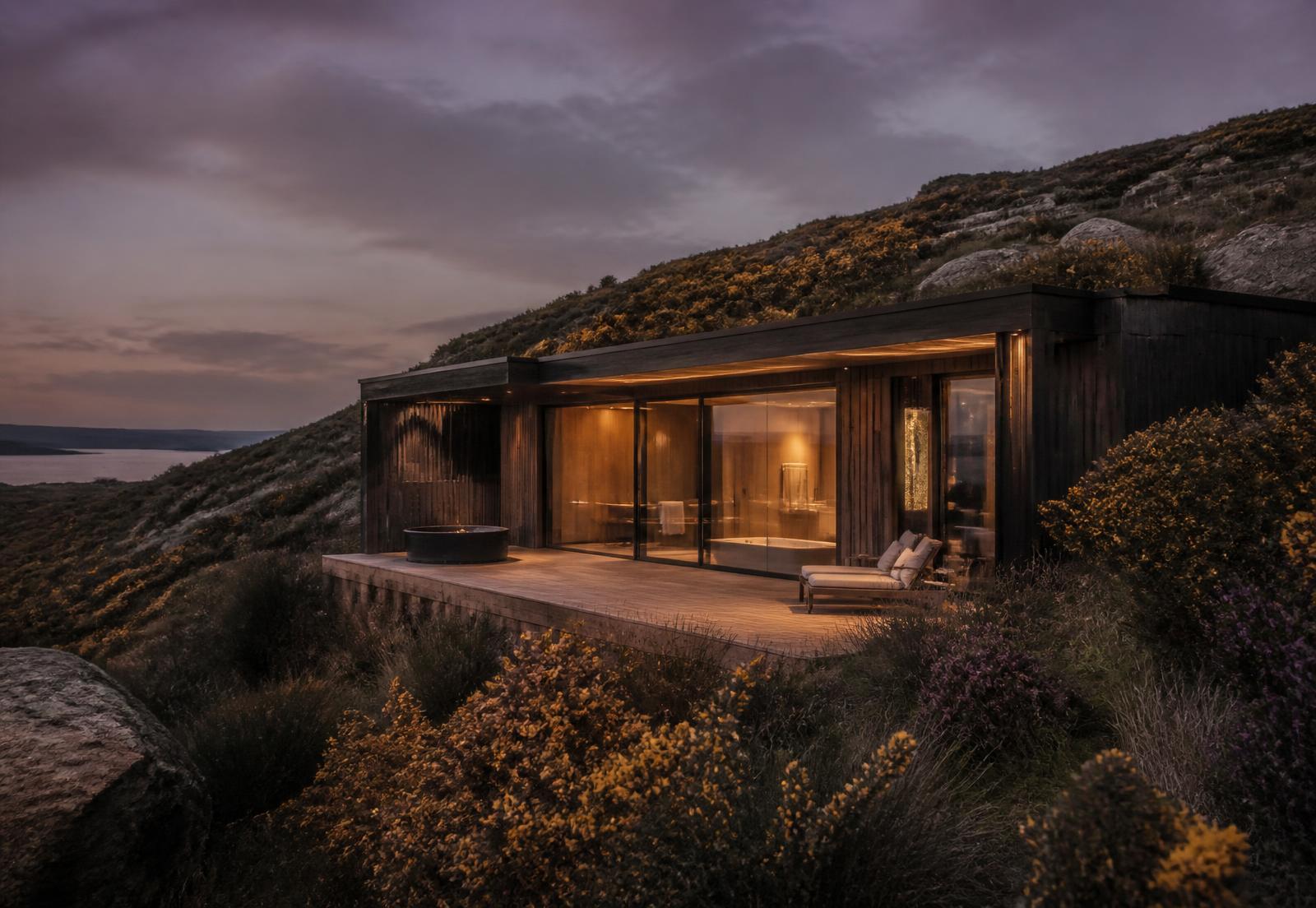 A timber wellness suite set into an Irish hillside at dusk